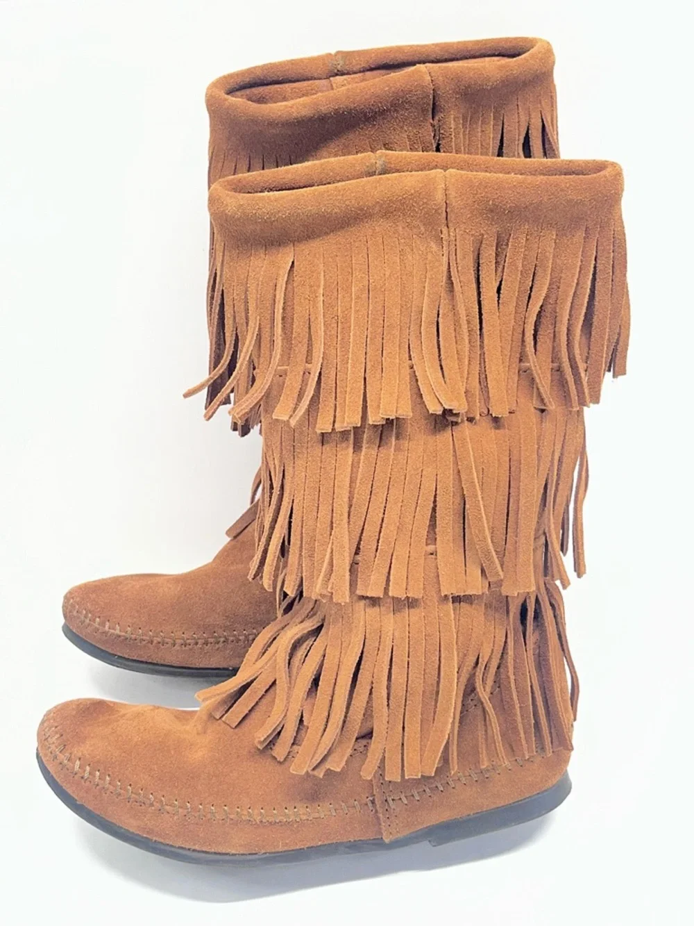Minnetonka Triple Fringe Suede Moccasin Boots in Tan Brown Bohemian Boho - Picture 7 of 8